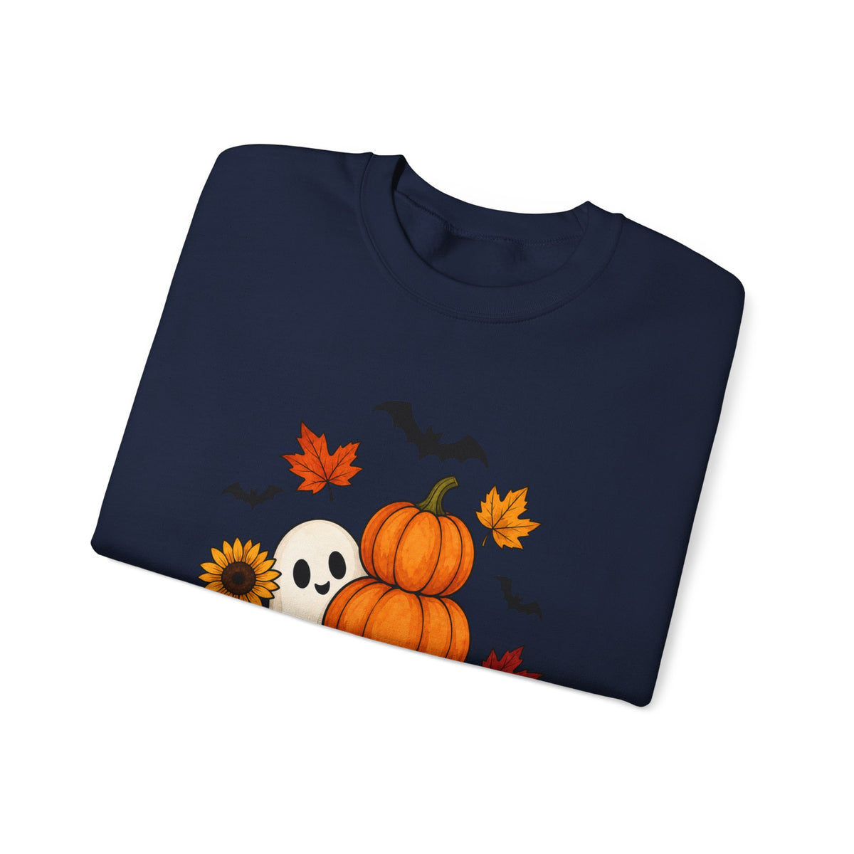 Halloween Pumpkin Stack Crewneck Sweatshirt — Ghost, Sunflower & Falling Leaves Design