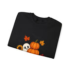 Halloween Pumpkin Stack Crewneck Sweatshirt — Ghost, Sunflower & Falling Leaves Design