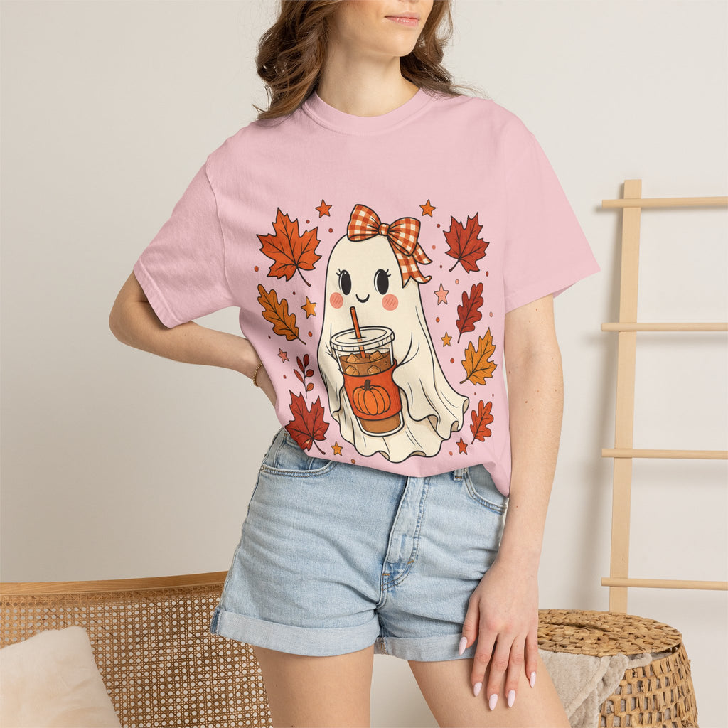 Cute Ghost Pumpkin Drink Tee — Fall Leaves Graphic T-Shirt