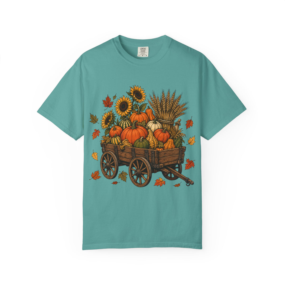 Autumn Harvest Wagon T-Shirt — Pumpkin & Sunflower Fall Tee