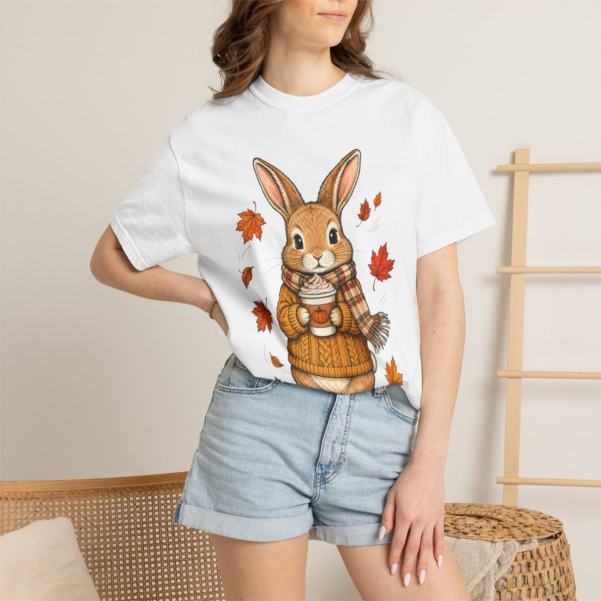 Autumn Bunny Tee — Cozy Fall Rabbit with Scarf & Hot Cocoa