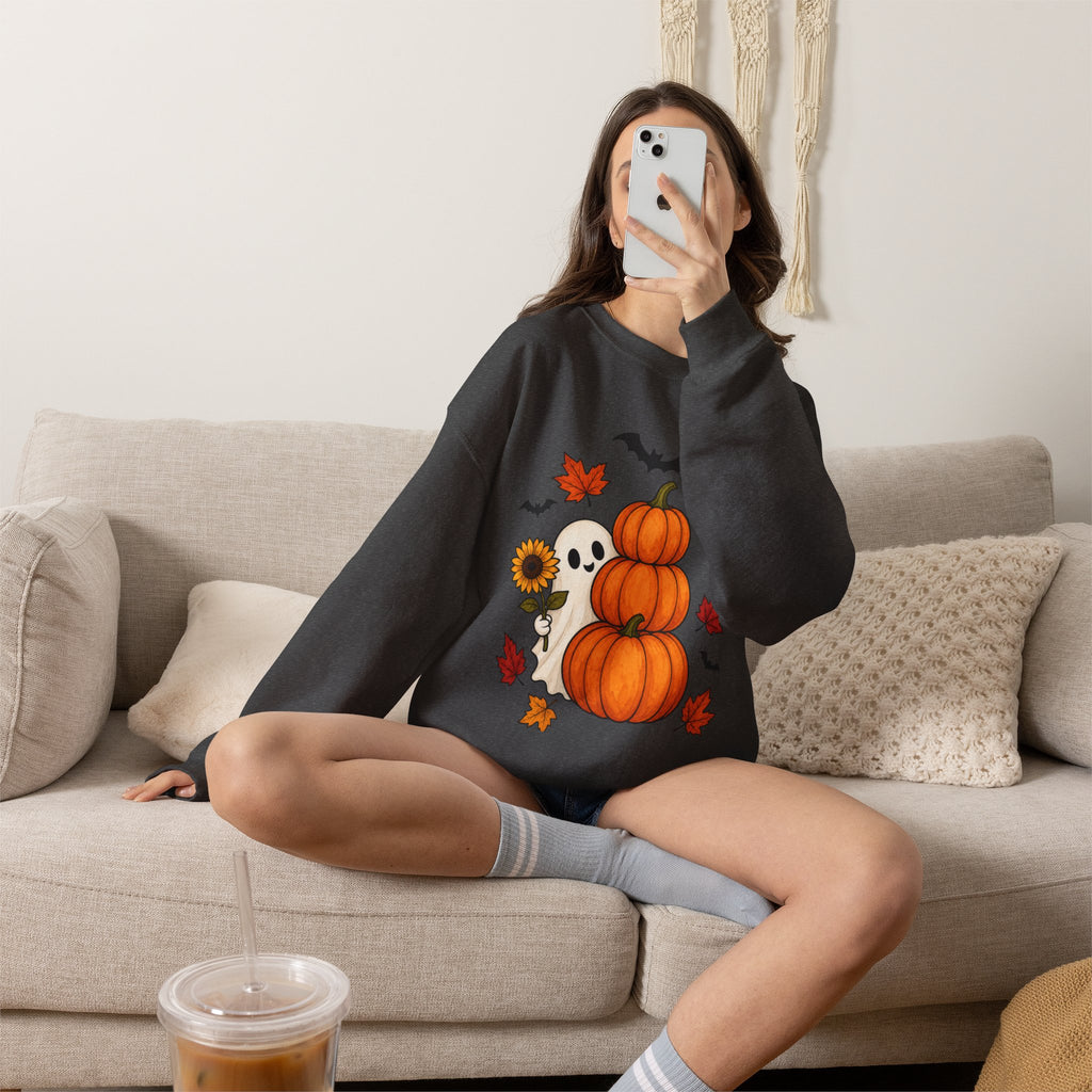 Halloween Pumpkin Stack Crewneck Sweatshirt — Ghost, Sunflower & Falling Leaves Design