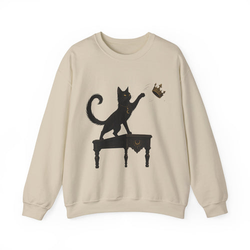 Cat with Crown Crewneck Sweatshirt — Playful Black Cat Graphic