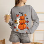 Halloween Pumpkin Stack Crewneck Sweatshirt — Ghost, Sunflower & Falling Leaves Design