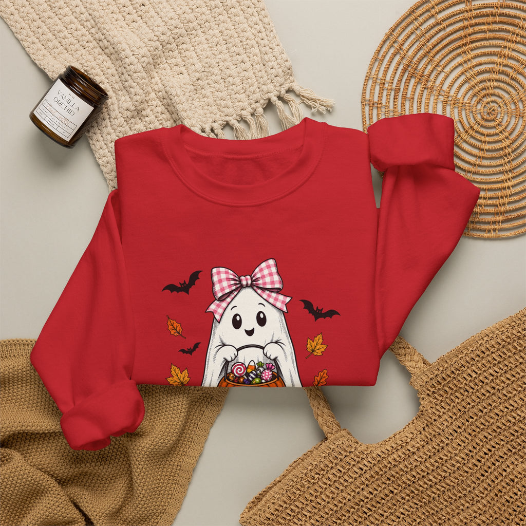 Cute Halloween Ghost Sweatshirt – Girl Ghost with Pumpkin Basket & Bats