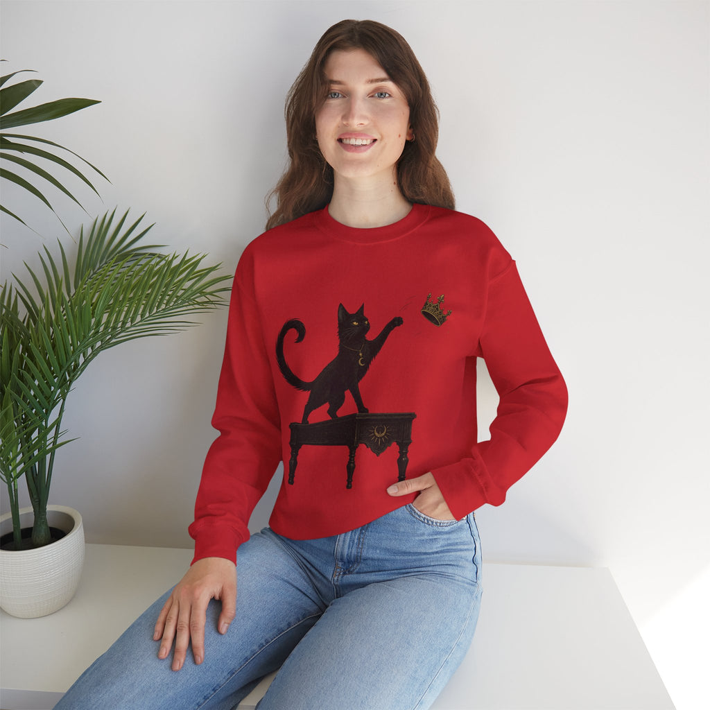 Cat with Crown Crewneck Sweatshirt — Playful Black Cat Graphic