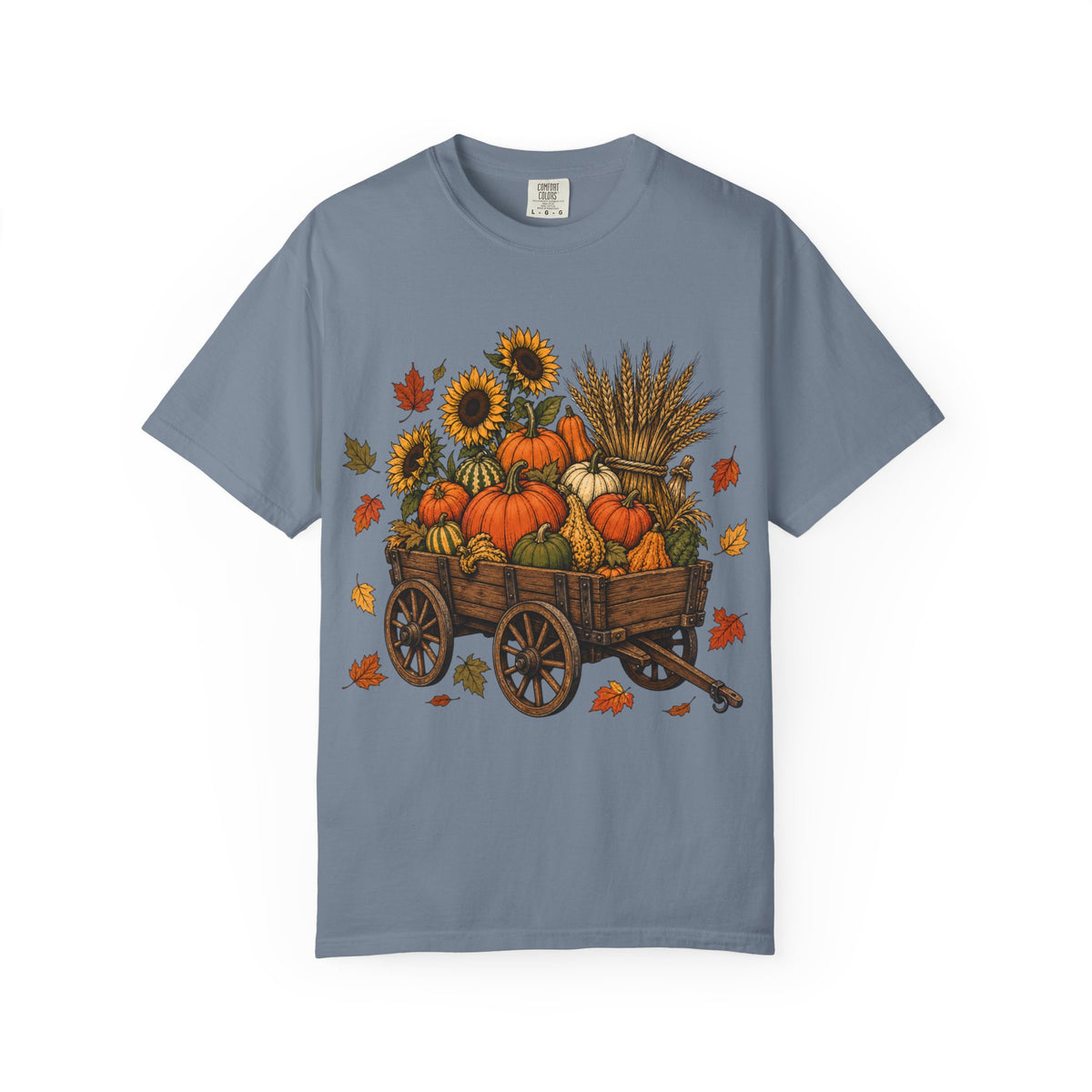 Autumn Harvest Wagon T-Shirt — Pumpkin & Sunflower Fall Tee