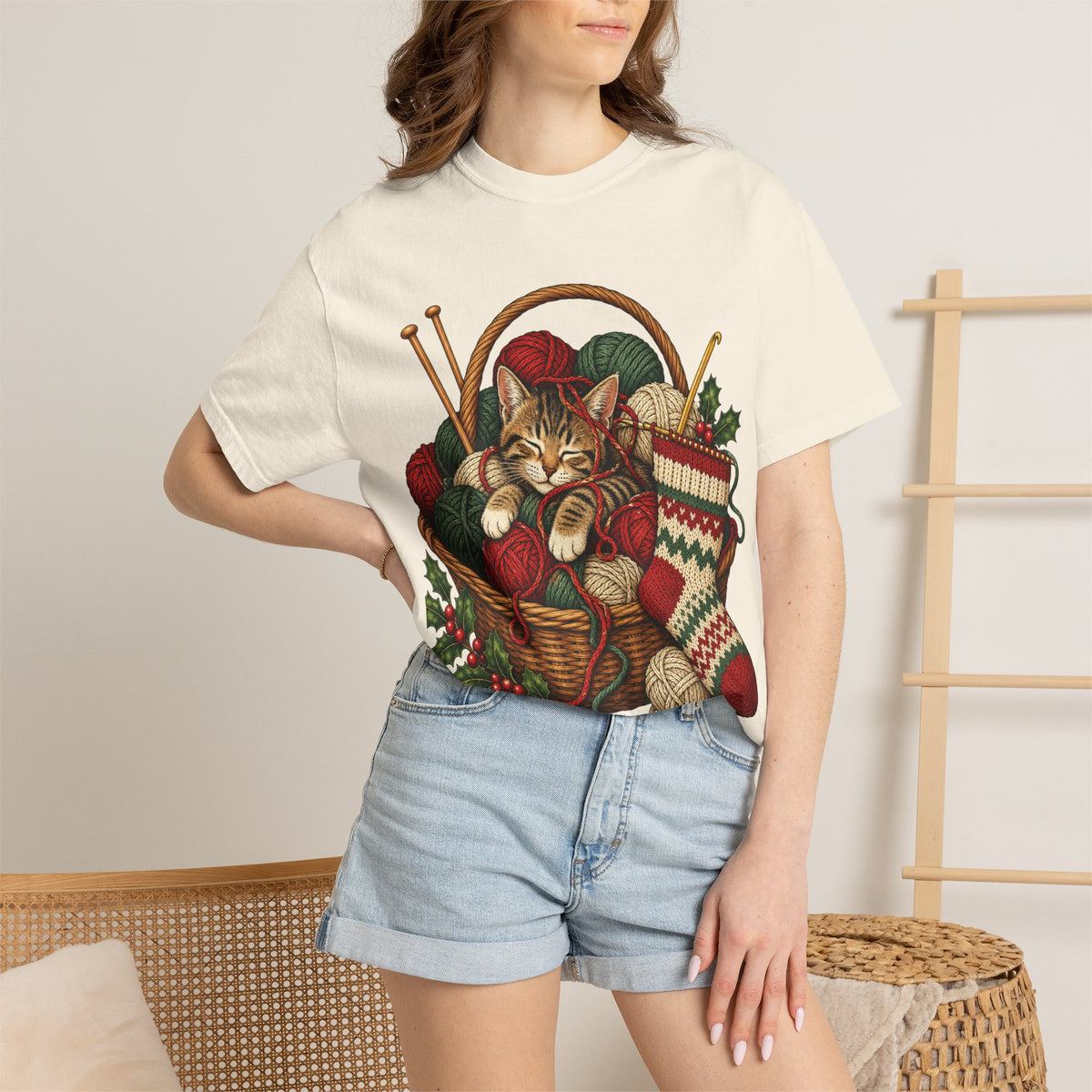 Cat in Yarn Basket T‑Shirt — Cozy Holiday Knitting Cat Tee