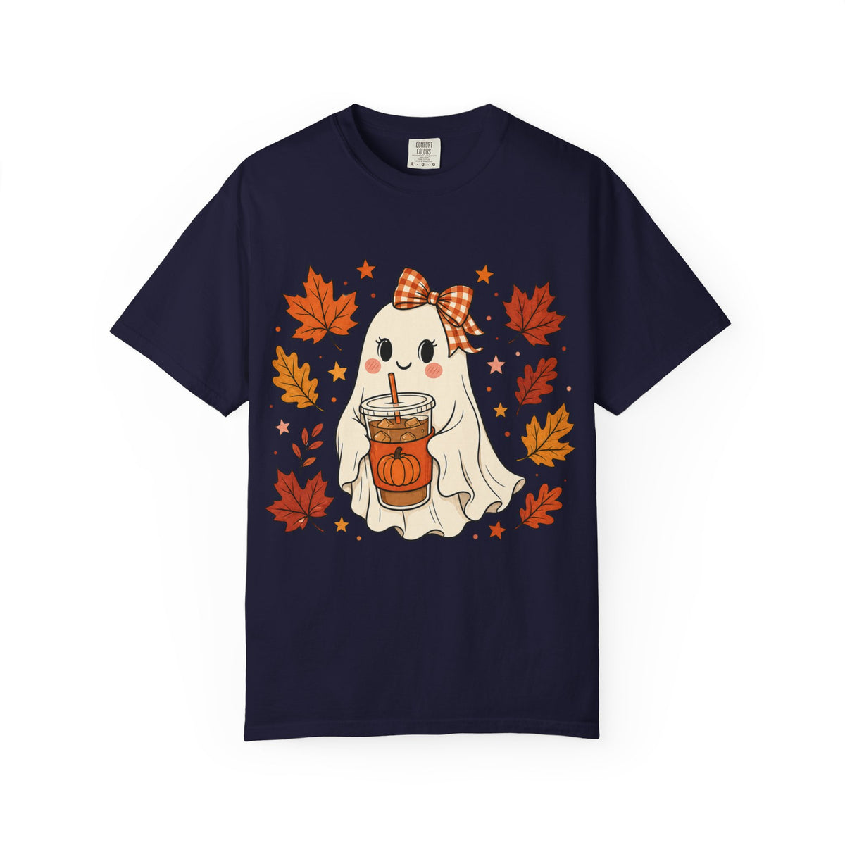 Cute Ghost Pumpkin Drink Tee — Fall Leaves Graphic T-Shirt