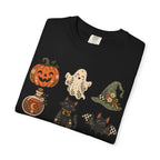 Halloween-Icons T-Shirt — Niedliches Retro-T-Shirt mit Kürbissen, Geist, Katze & Totenkopf