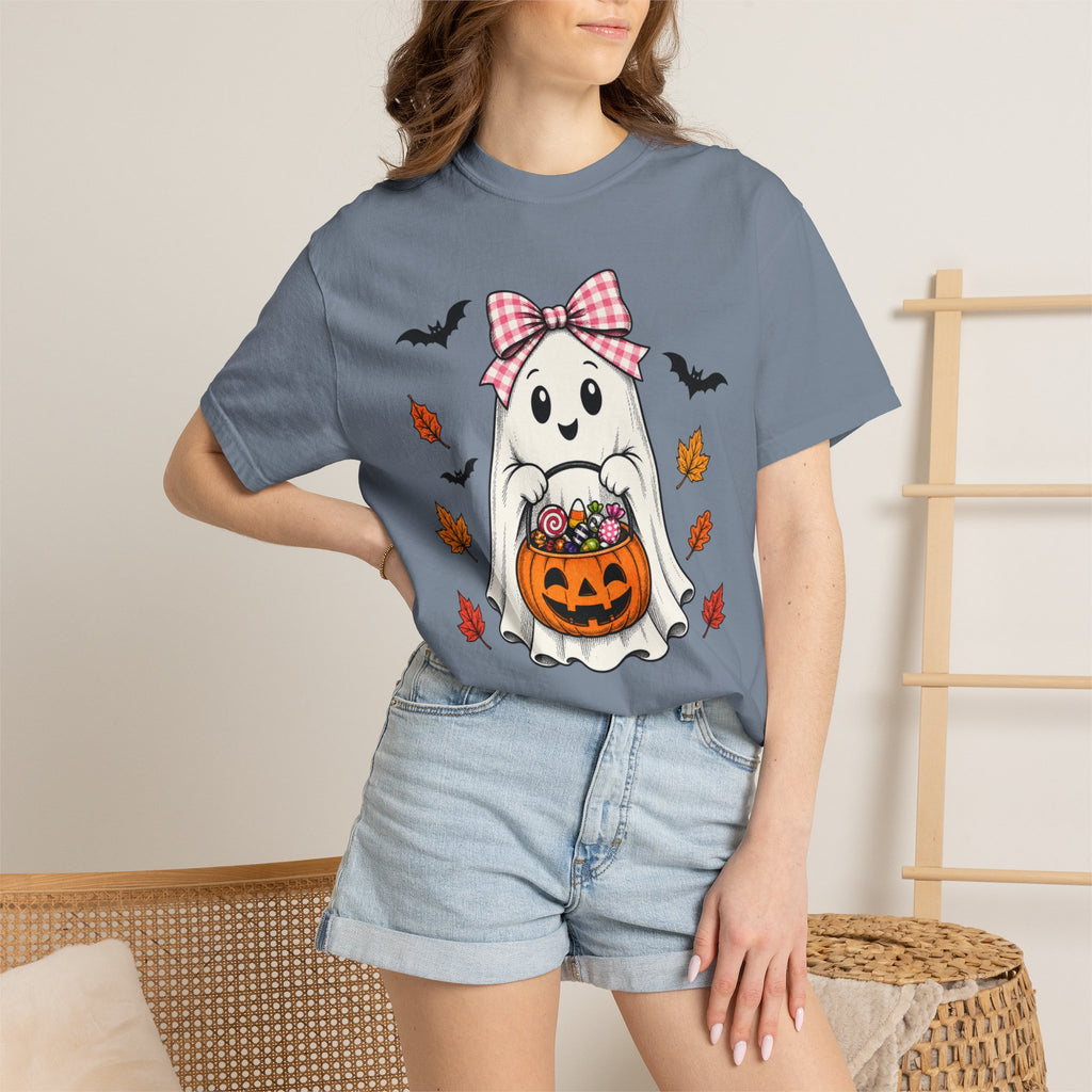 Cute Halloween Ghost T-Shirt — Trick-or-Treat Pumpkin & Bats