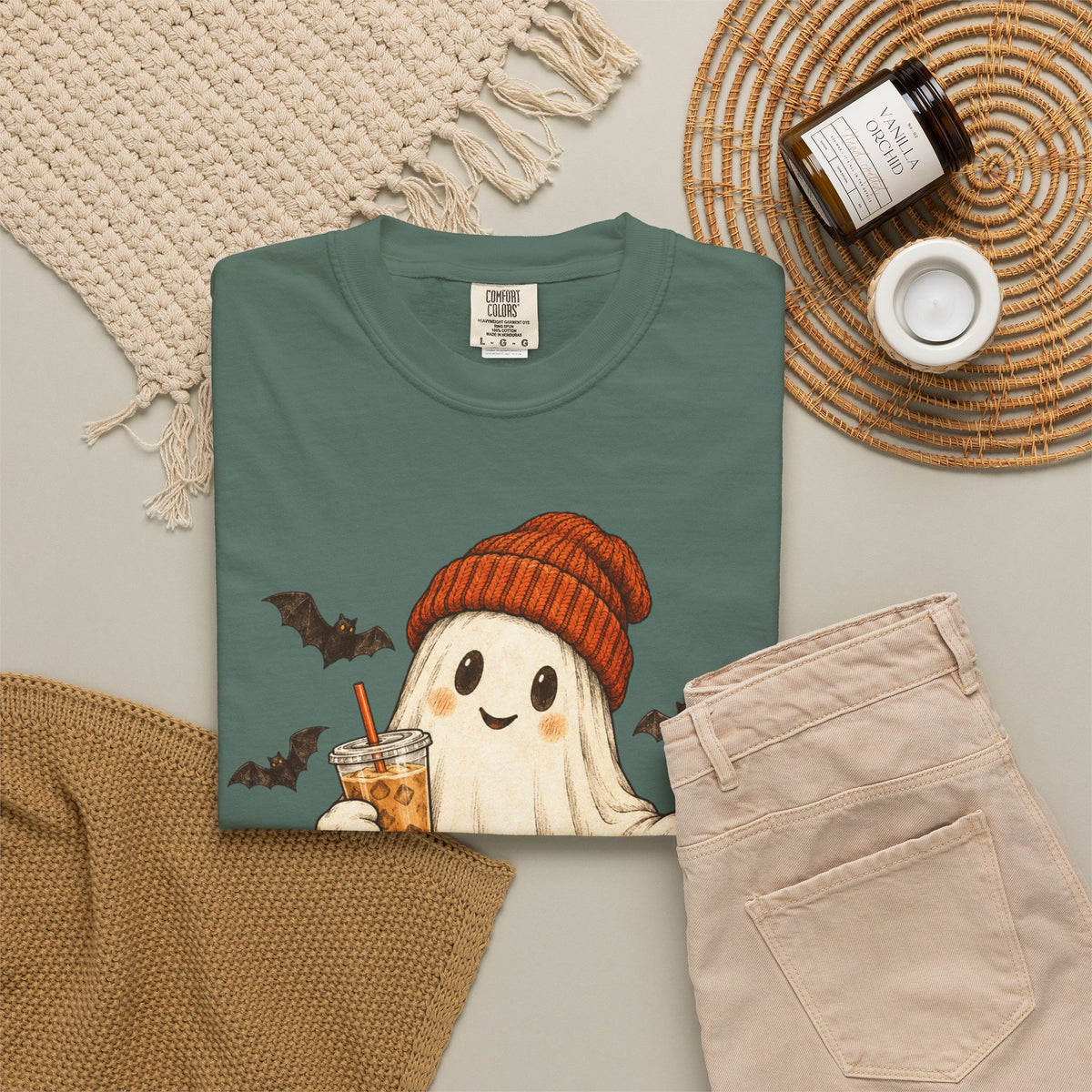 Halloween Ghost T-Shirt — Cute Ghost with Pumpkin & Coffee Graphic