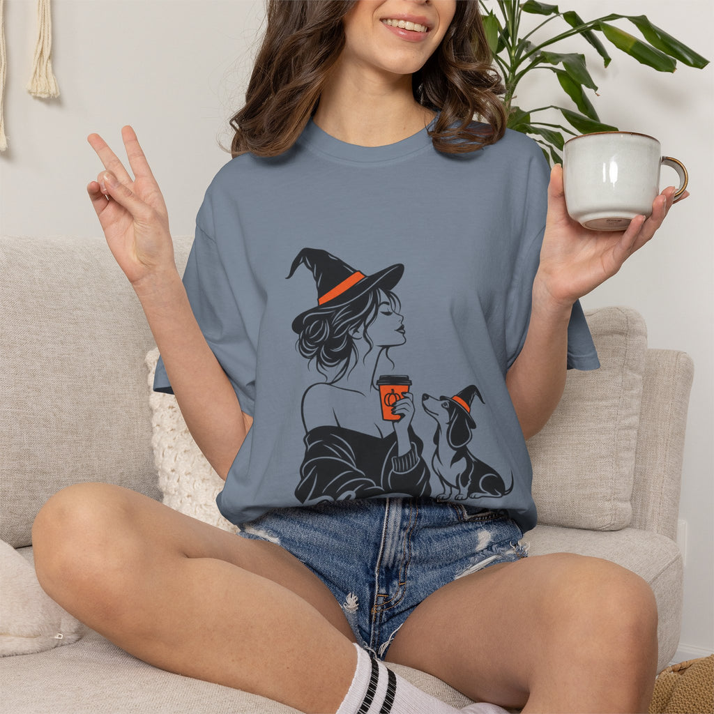 Her Human Witch Tee — Halloween Witch & Dog Graphic T-Shirt