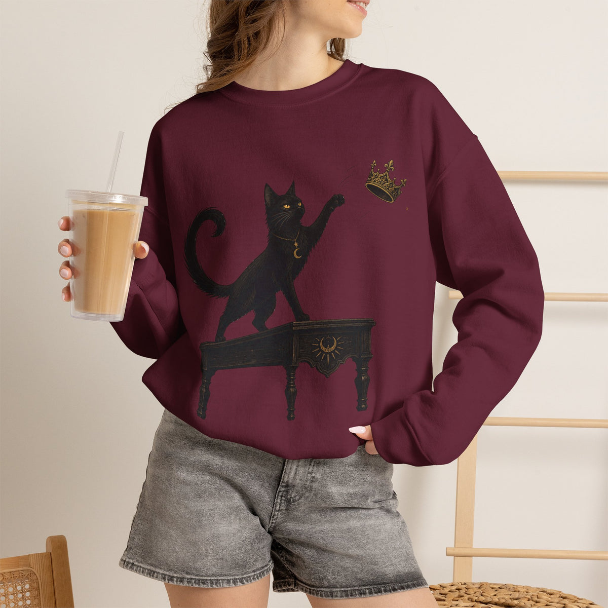 Cat with Crown Crewneck Sweatshirt — Playful Black Cat Graphic