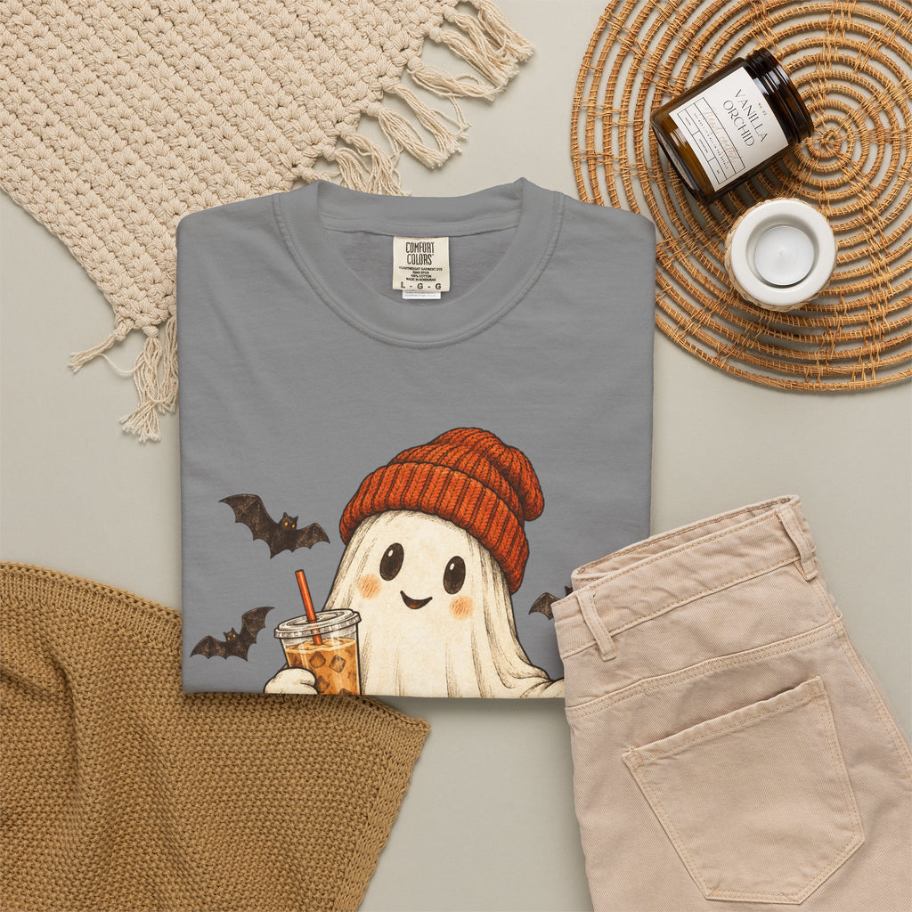 Halloween Ghost T-Shirt — Cute Ghost with Pumpkin & Coffee Graphic