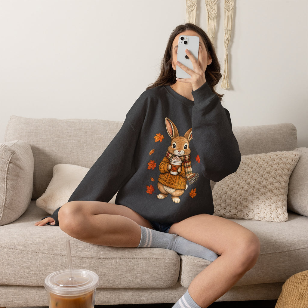 Autumn Bunny Sweatshirt – Cozy Fall Rabbit Holding Coffee