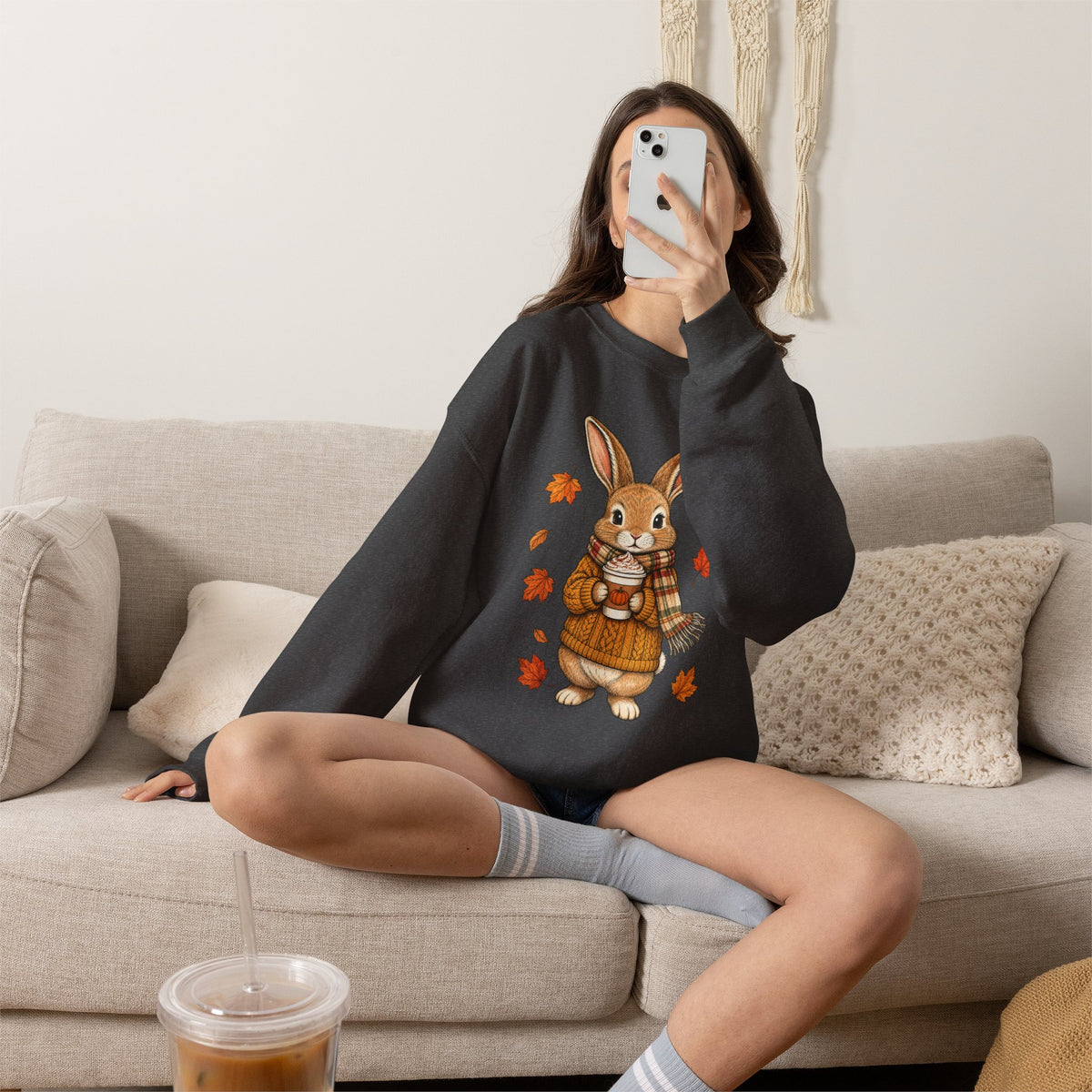 Autumn Bunny Sweatshirt – Cozy Fall Rabbit Holding Coffee