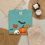 Halloween Pumpkin Stack T-Shirt — Cute Ghost, Sunflower & Falling Leaves Design