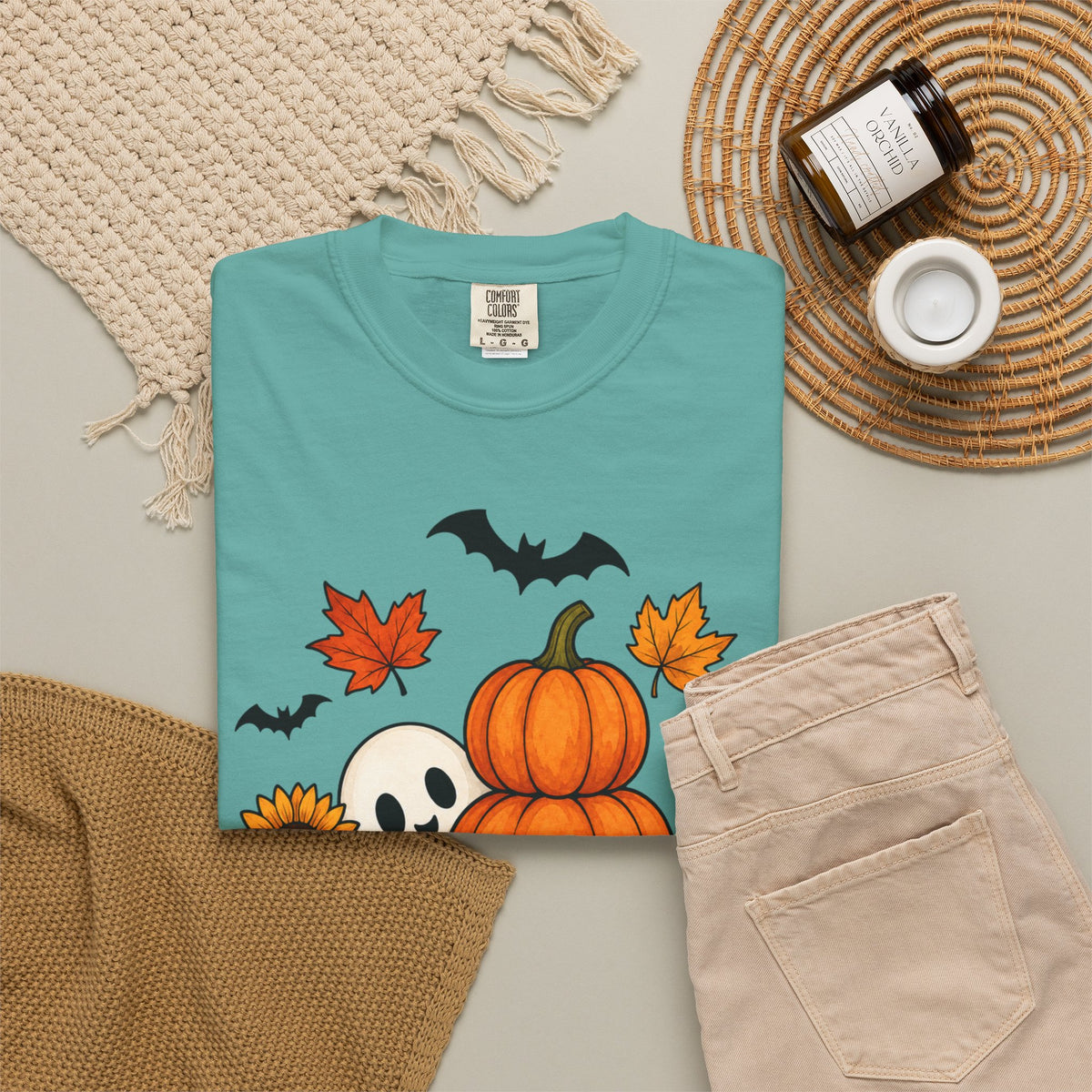 Halloween Pumpkin Stack T-Shirt — Cute Ghost, Sunflower & Falling Leaves Design