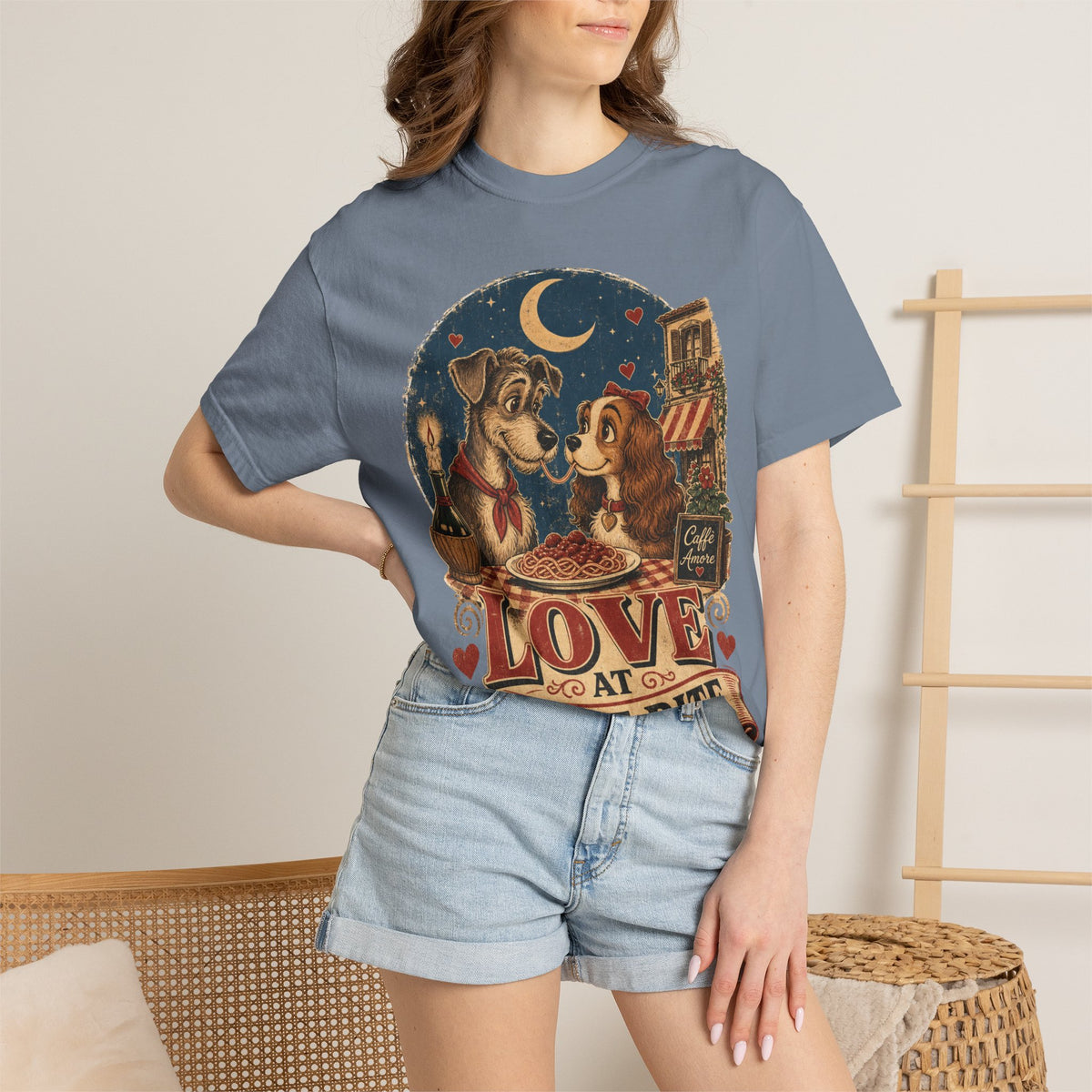 T-Shirt — "Love at First Bite" Vintage Pizza Date Dogs Tee