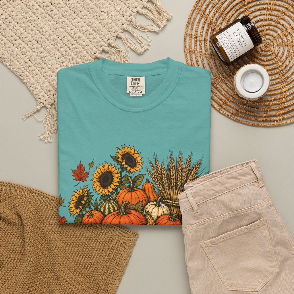 T-Shirt „Herbsternte-Wagen“ — Kürbis & Sonnenblume Herbst-T-Shirt