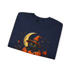 Halloween Black Cat Pumpkin Sweatshirt — Witch Hat, Moon & Bats Crewneck