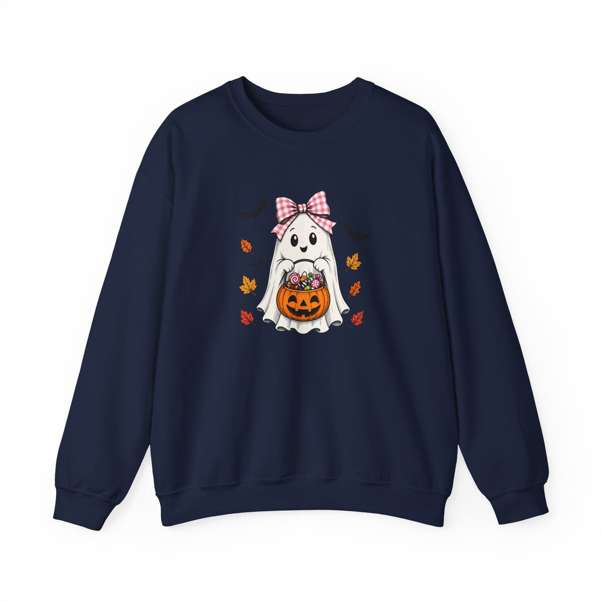 Cute Halloween Ghost Sweatshirt – Girl Ghost with Pumpkin Basket & Bats