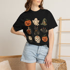 Halloween-Icons T-Shirt — Niedliches Retro-T-Shirt mit Kürbissen, Geist, Katze & Totenkopf