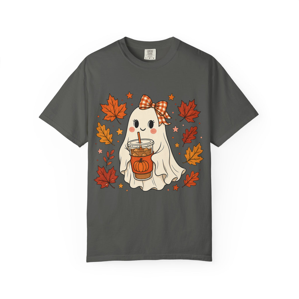 Cute Ghost Pumpkin Drink Tee — Fall Leaves Graphic T-Shirt