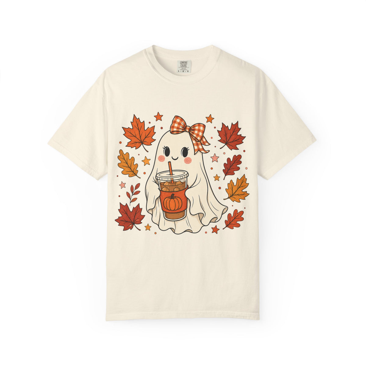 Cute Ghost Pumpkin Drink Tee — Fall Leaves Graphic T-Shirt