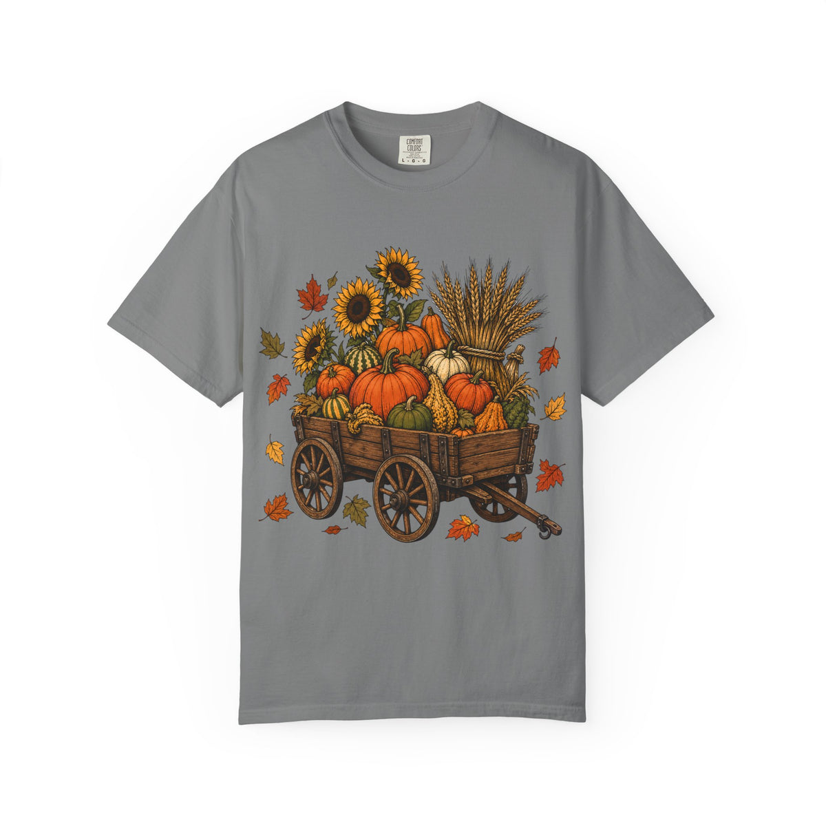 Autumn Harvest Wagon T-Shirt — Pumpkin & Sunflower Fall Tee