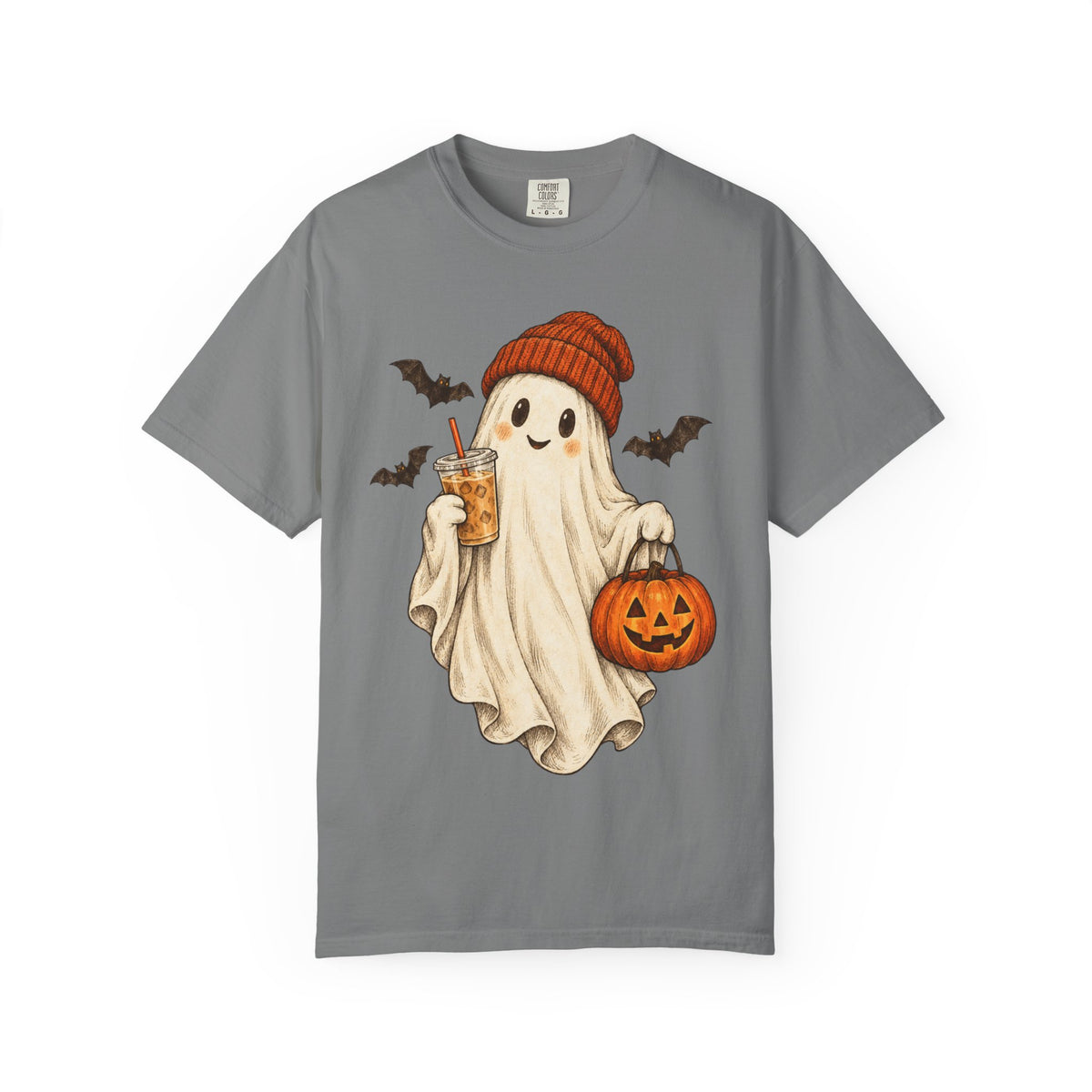 Halloween Ghost T-Shirt — Cute Ghost with Pumpkin & Coffee Graphic