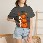 Halloween Pumpkin Stack T-Shirt — Cute Ghost, Sunflower & Falling Leaves Design