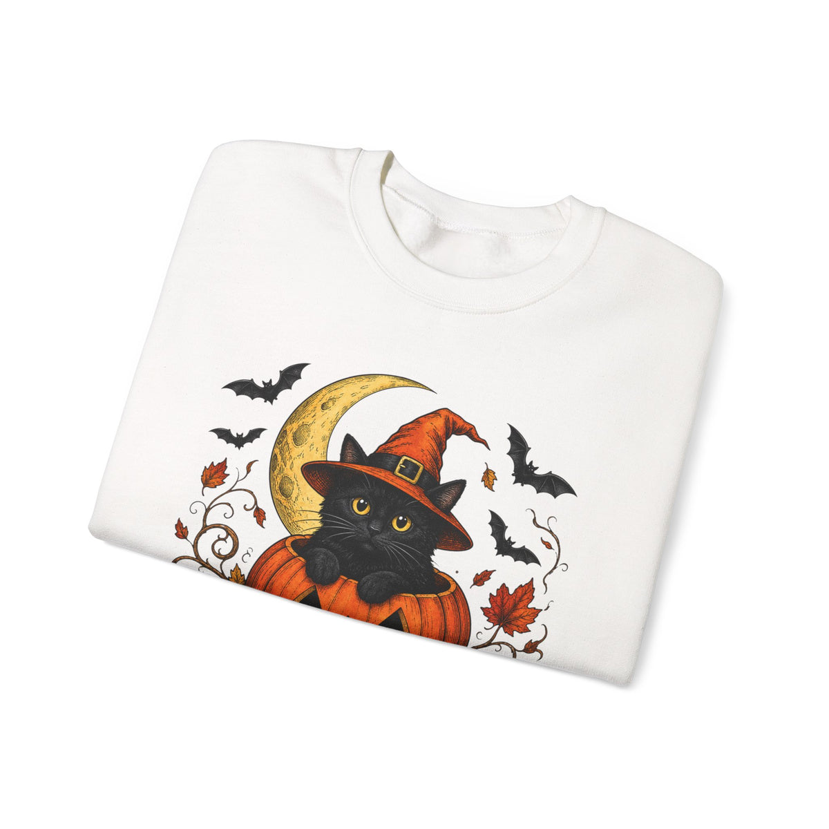 Halloween Black Cat Pumpkin Sweatshirt — Witch Hat, Moon & Bats Crewneck