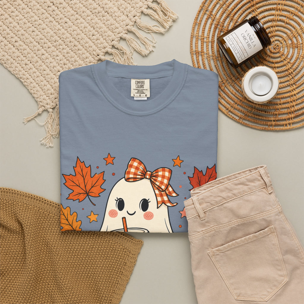 Cute Ghost Pumpkin Drink Tee — Fall Leaves Graphic T-Shirt