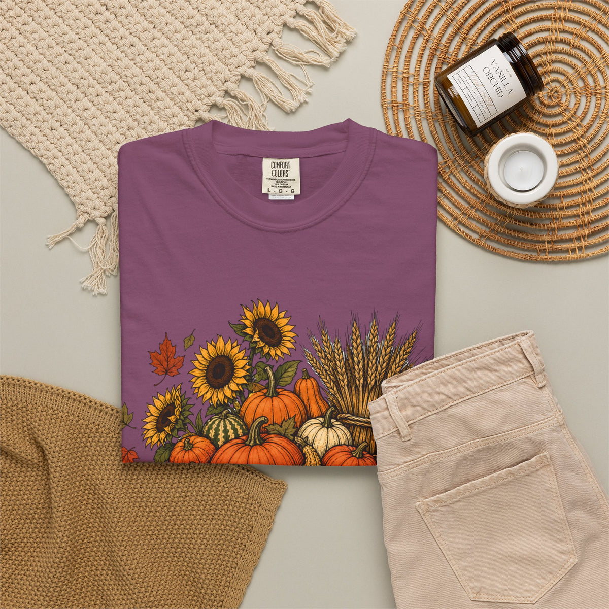 T-Shirt „Herbsternte-Wagen“ — Kürbis & Sonnenblume Herbst-T-Shirt