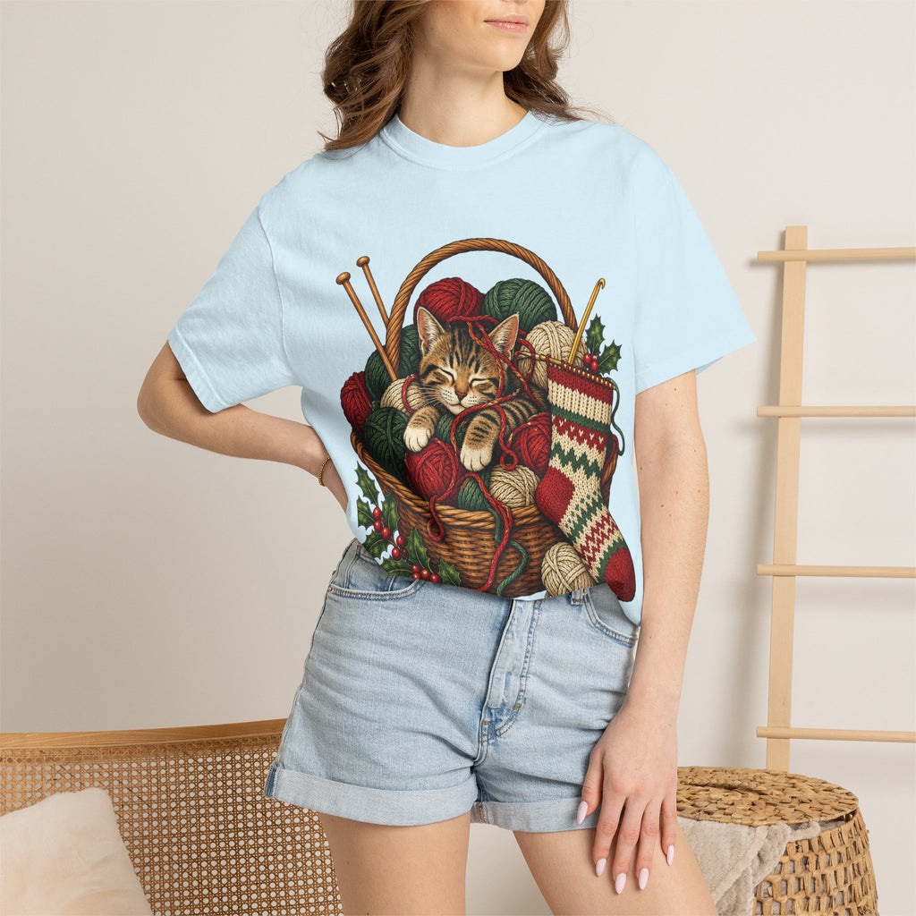 Cat in Yarn Basket T‑Shirt — Cozy Holiday Knitting Cat Tee
