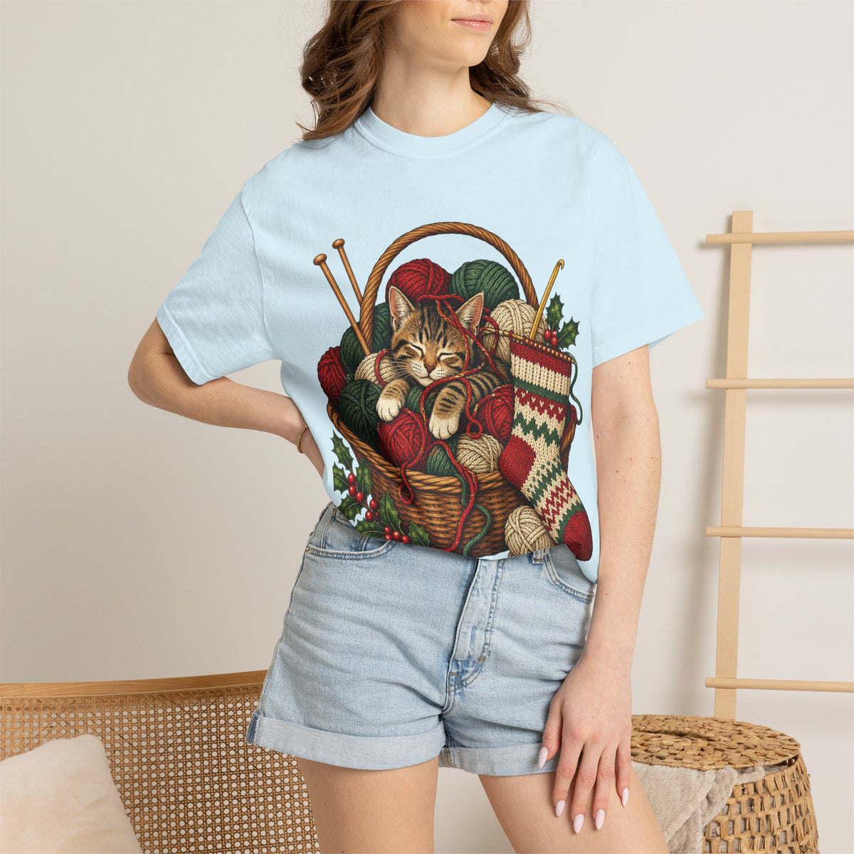 Cat in Yarn Basket T‑Shirt — Cozy Holiday Knitting Cat Tee