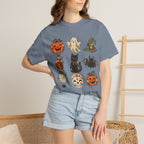 Halloween-Icons T-Shirt — Niedliches Retro-T-Shirt mit Kürbissen, Geist, Katze & Totenkopf