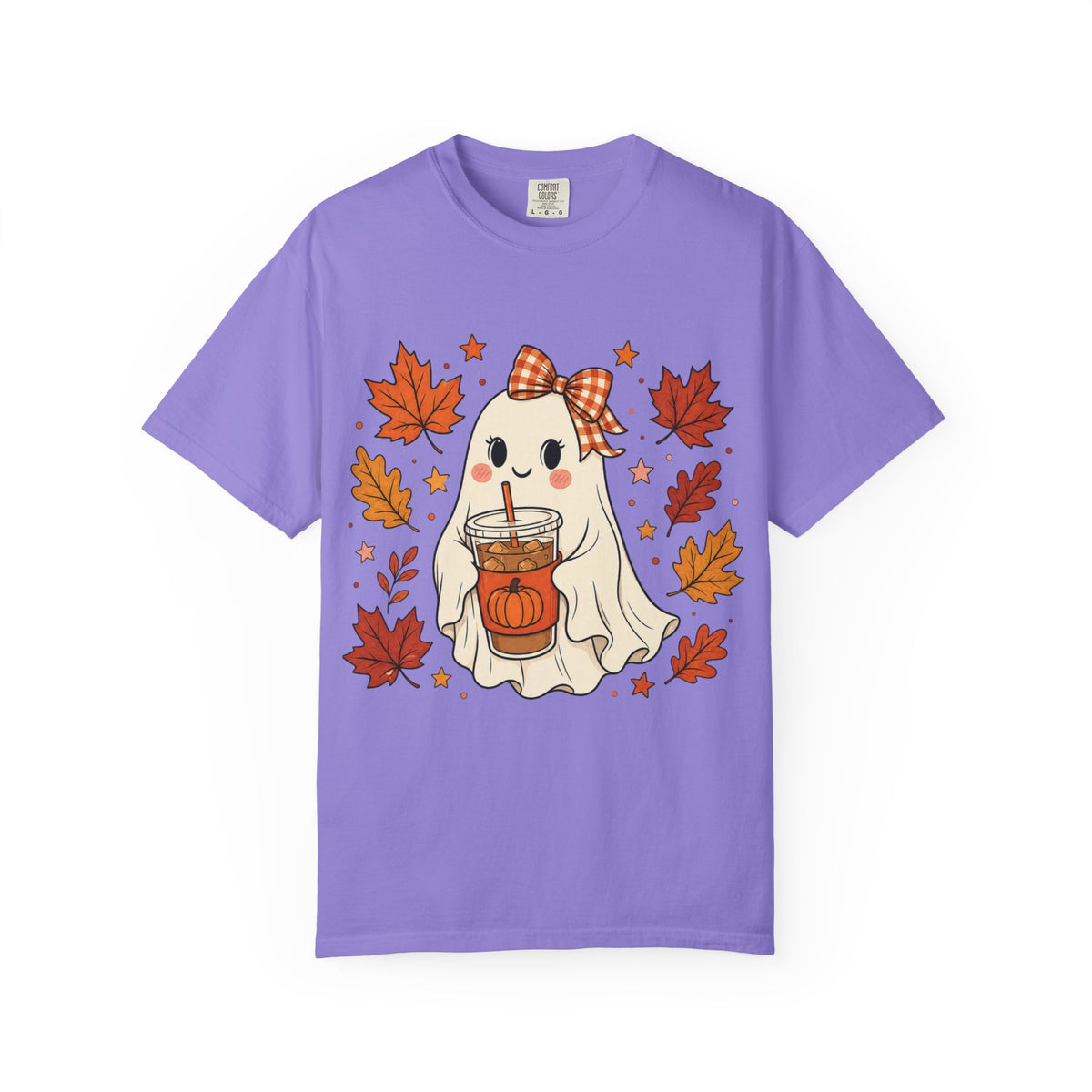 Cute Ghost Pumpkin Drink Tee — Fall Leaves Graphic T-Shirt
