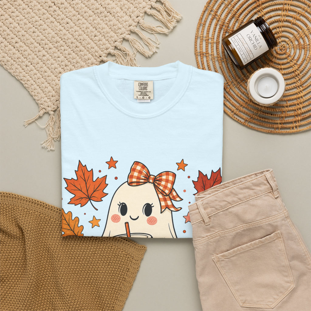 Cute Ghost Pumpkin Drink Tee — Fall Leaves Graphic T-Shirt