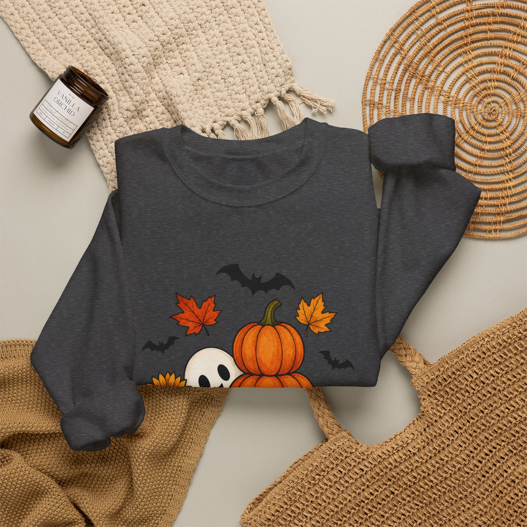 Halloween Pumpkin Stack Crewneck Sweatshirt — Ghost, Sunflower & Falling Leaves Design