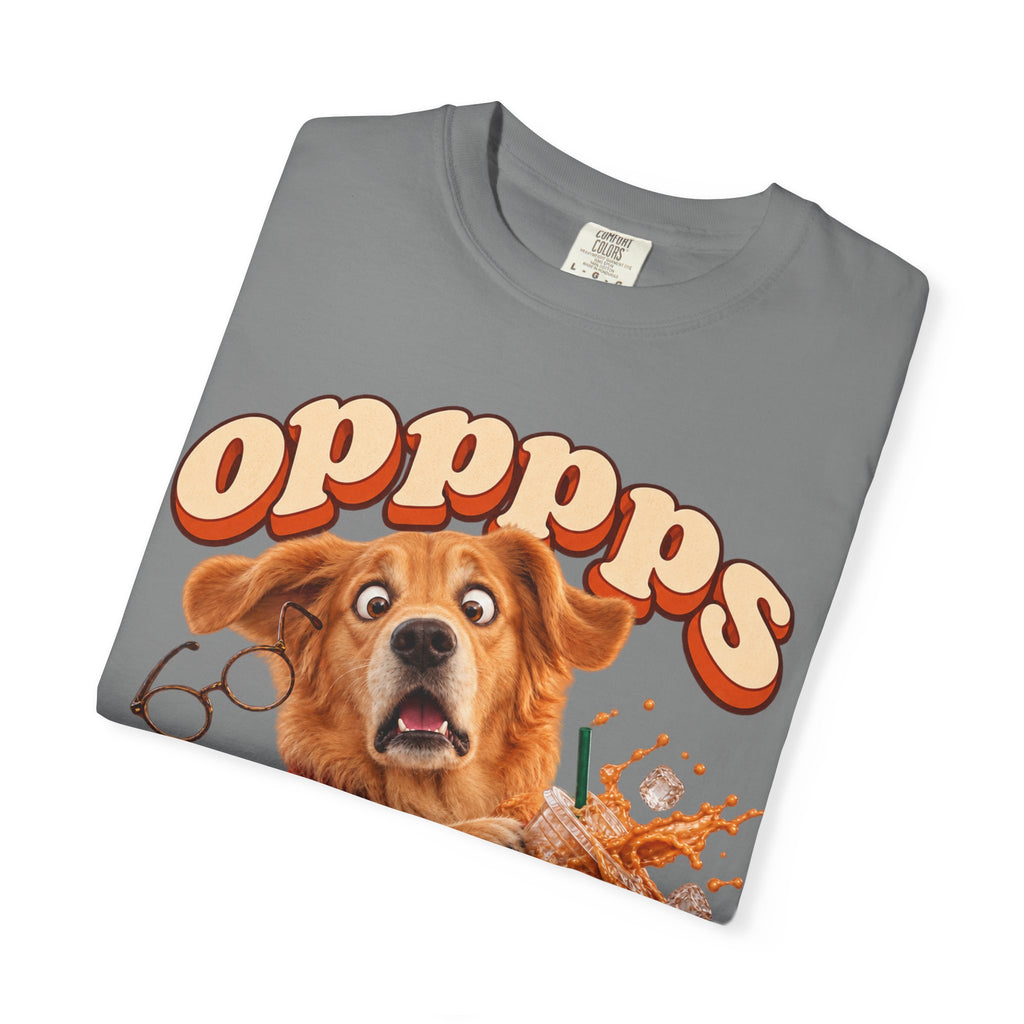 Oops Puppy T-Shirt — Cute Dog Spilling Coffee Graphic Tee