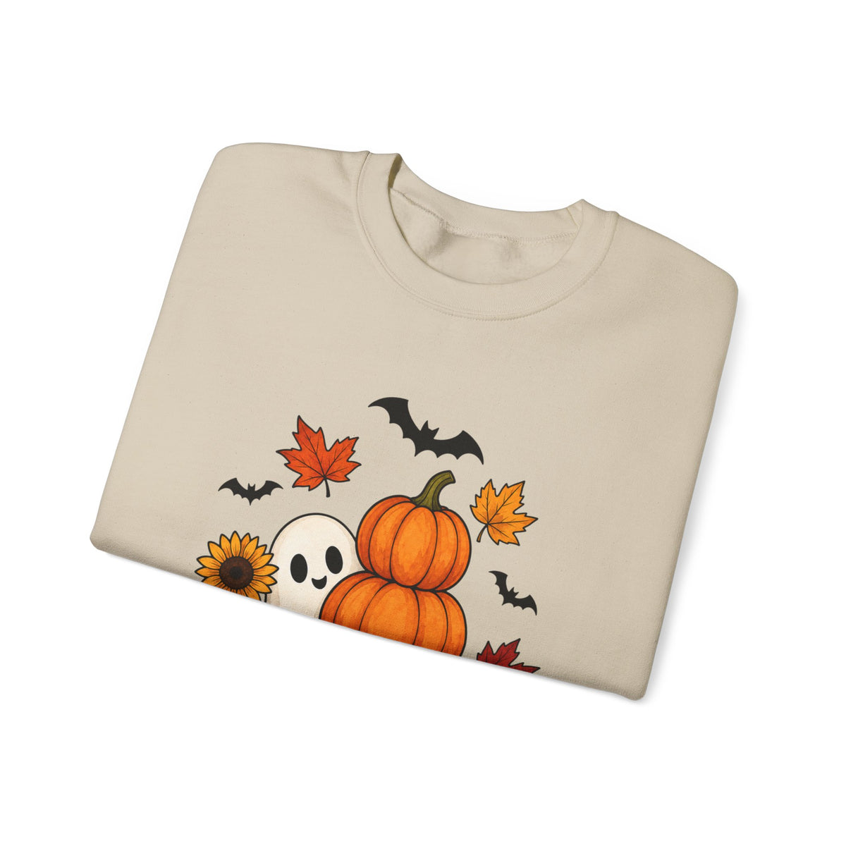Halloween Pumpkin Stack Crewneck Sweatshirt — Ghost, Sunflower & Falling Leaves Design