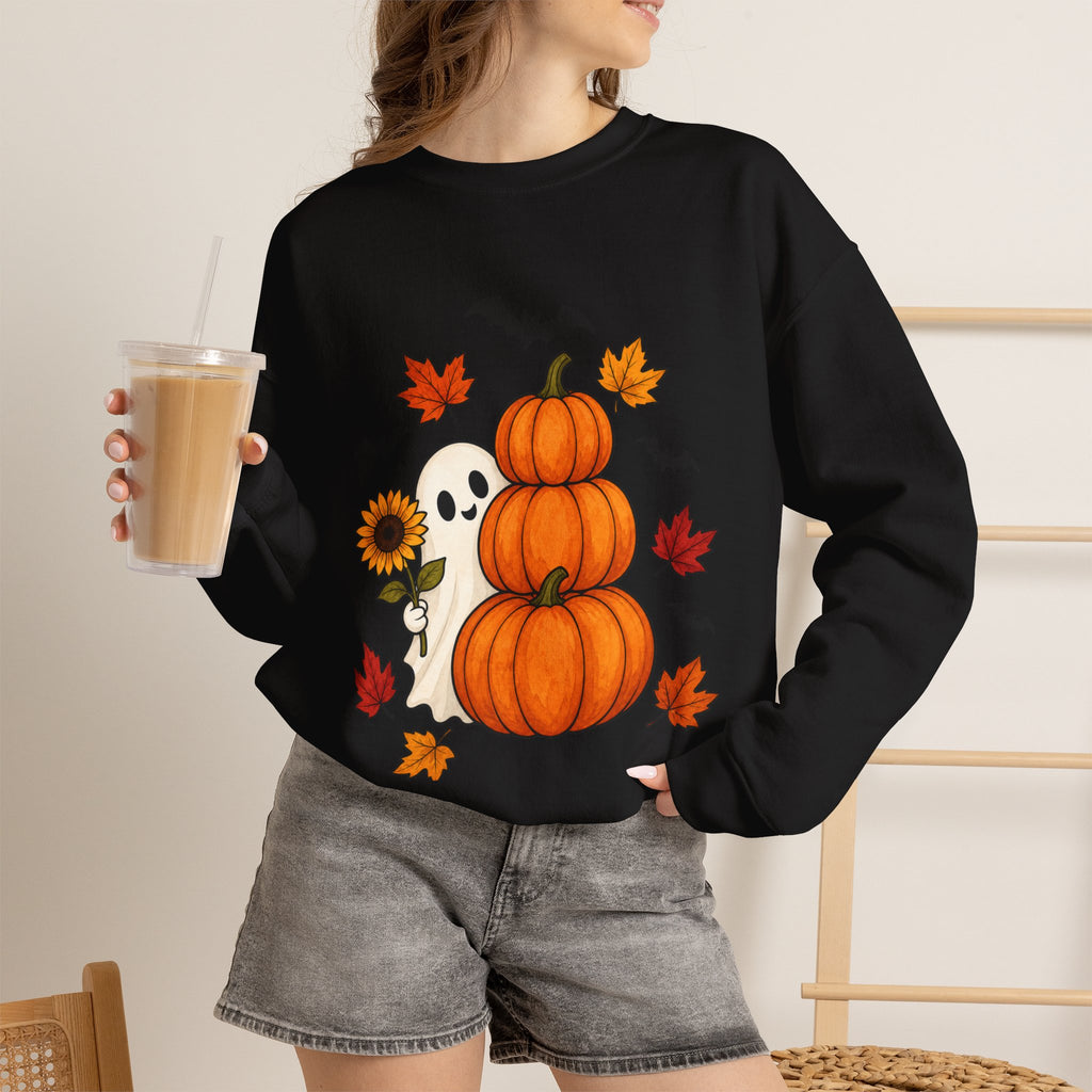 Halloween Pumpkin Stack Crewneck Sweatshirt — Ghost, Sunflower & Falling Leaves Design