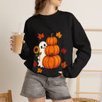 Halloween Pumpkin Stack Crewneck Sweatshirt — Ghost, Sunflower & Falling Leaves Design