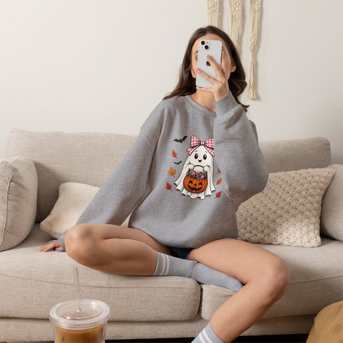 Cute Halloween Ghost Sweatshirt – Girl Ghost with Pumpkin Basket & Bats