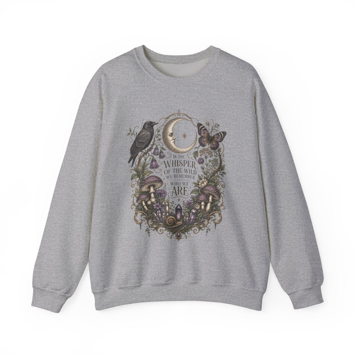 Mystic Moon & Mushroom Crewneck Sweatshirt — "Whisper to the Wild" Nature Graphic