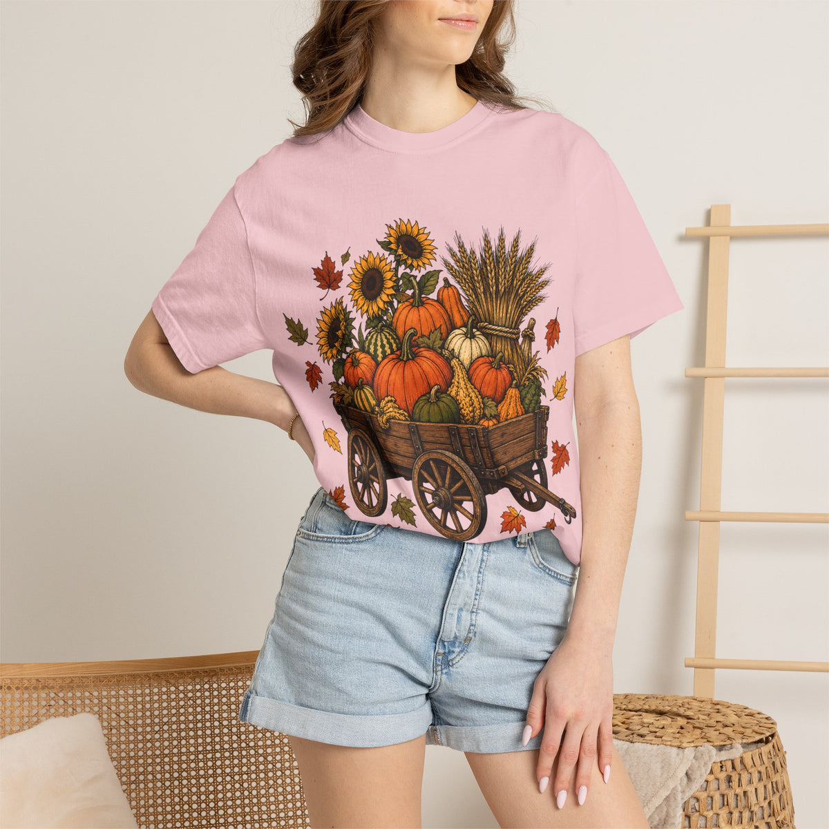 T-Shirt „Herbsternte-Wagen“ — Kürbis & Sonnenblume Herbst-T-Shirt