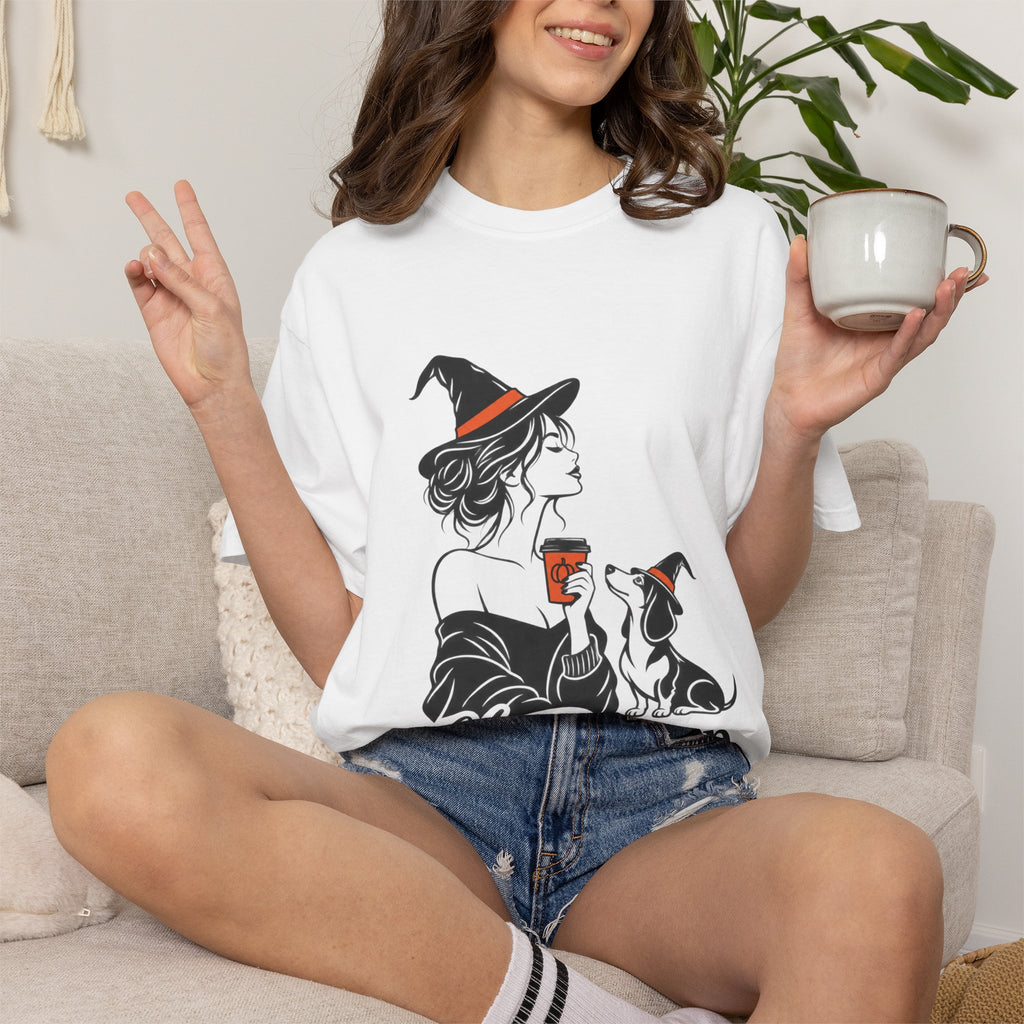 Her Human Witch Tee — Halloween Witch & Dog Graphic T-Shirt